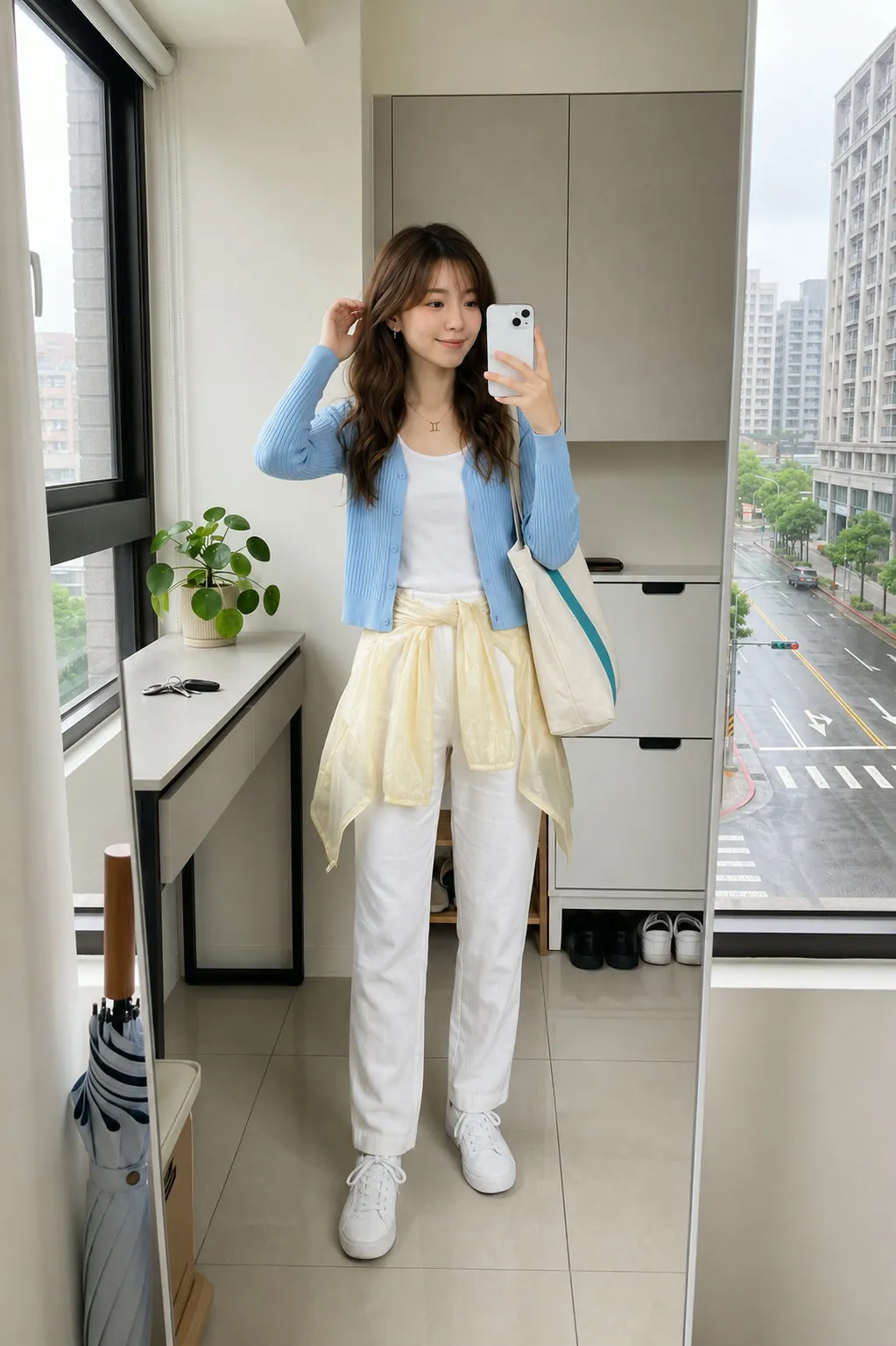 Gentle Rain: Sky Blue Knit Cardigan & White Linen Trousers