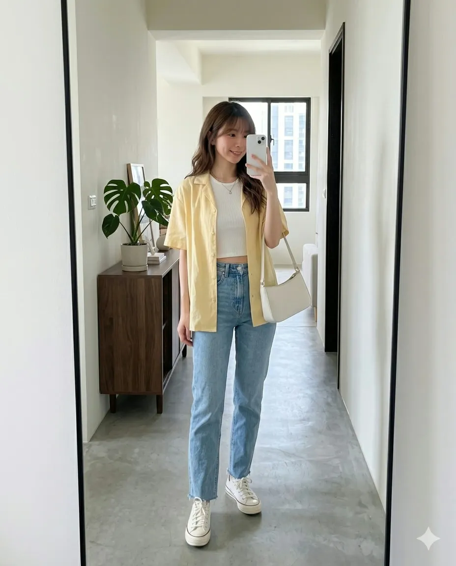 Summer Breeze: Butter Yellow Camp Shirt & Cropped Straight Denim