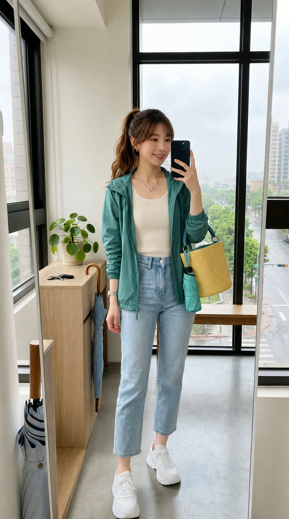 Rainy Day Utility: Teal Hooded Windbreaker & Straight Denim