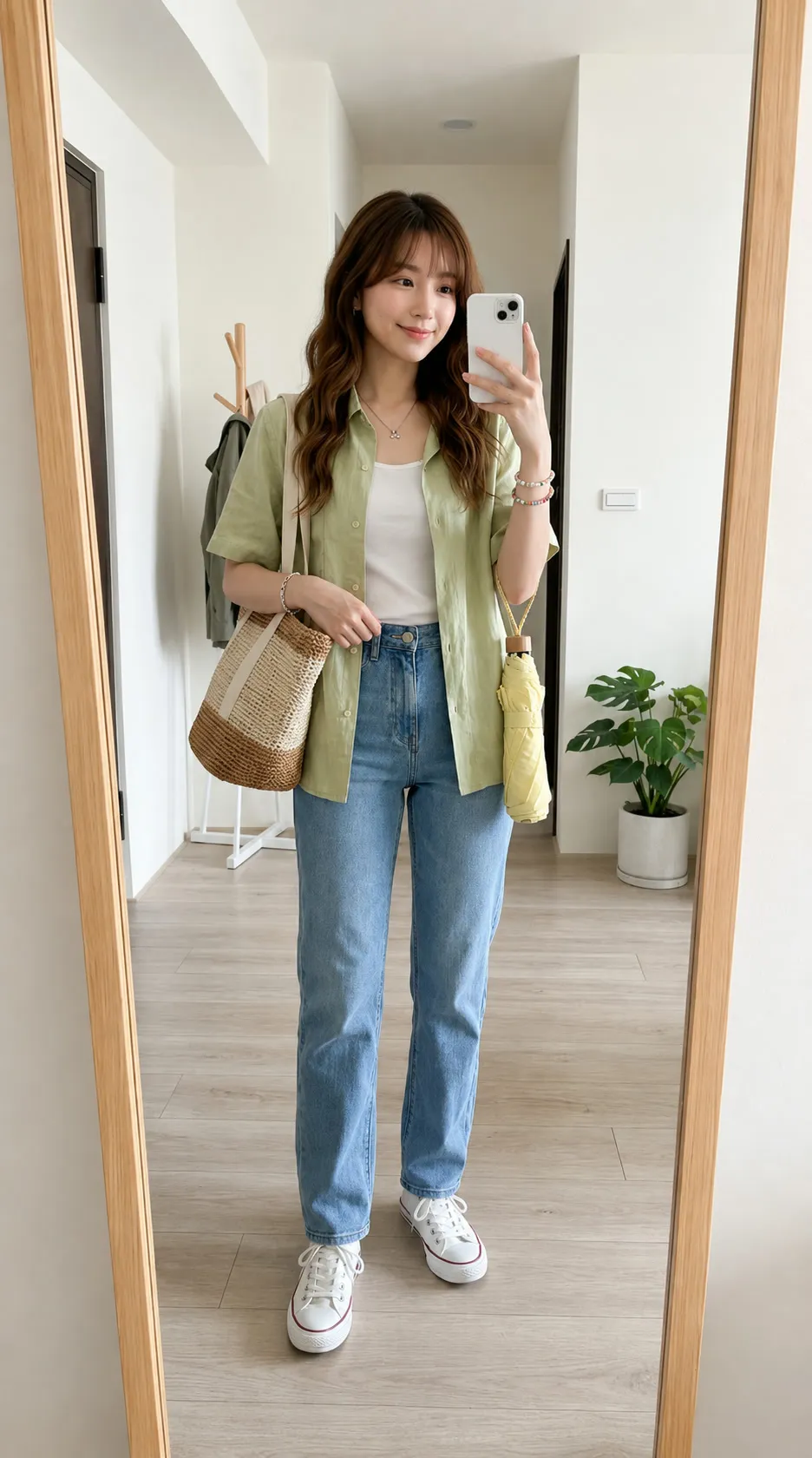 Earthy Breeze: Matcha Sage Linen Shirt & Woven Straw Tote