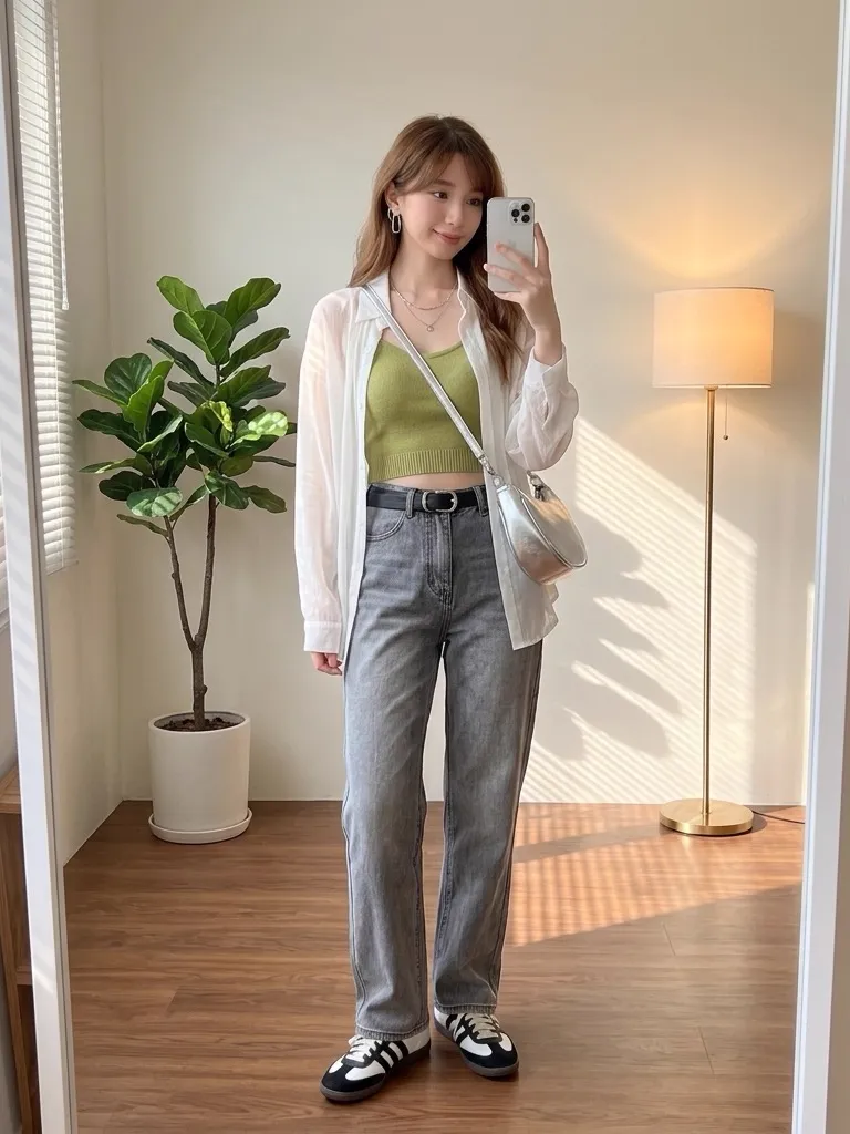 Avocado Camisole & Sheer Shirt: Cozy Bedroom Mirror Selfie