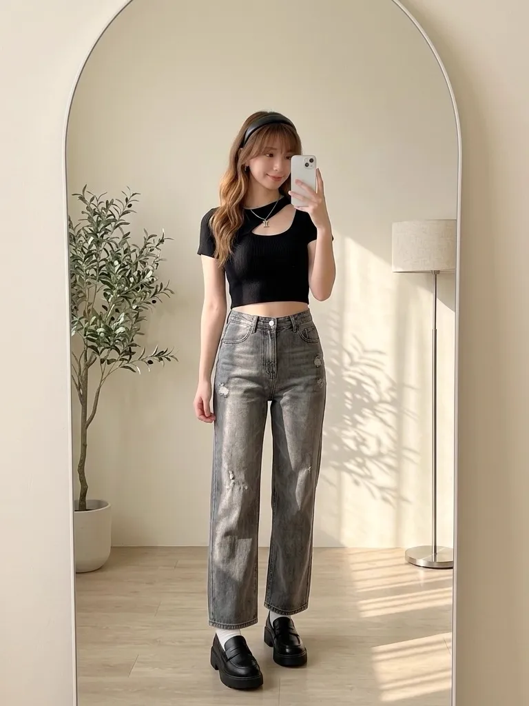 Edgy Summer Contrast: Asymmetric Cut-Out Knit & Washed Gray Denim