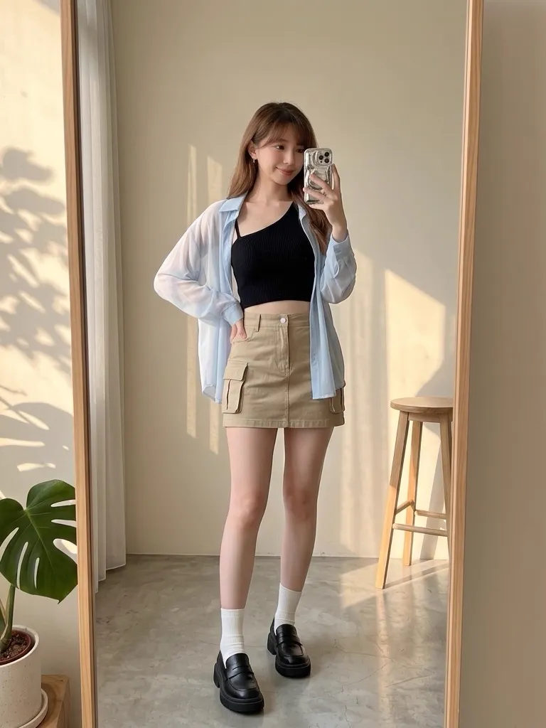 Ice Blue Sheer Layering: Utility Khaki Cargo Mini Skirt