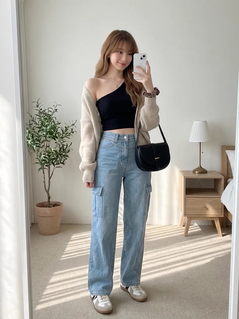 Oatmeal Knit Cardigan & Cargo Wide-Leg Denim