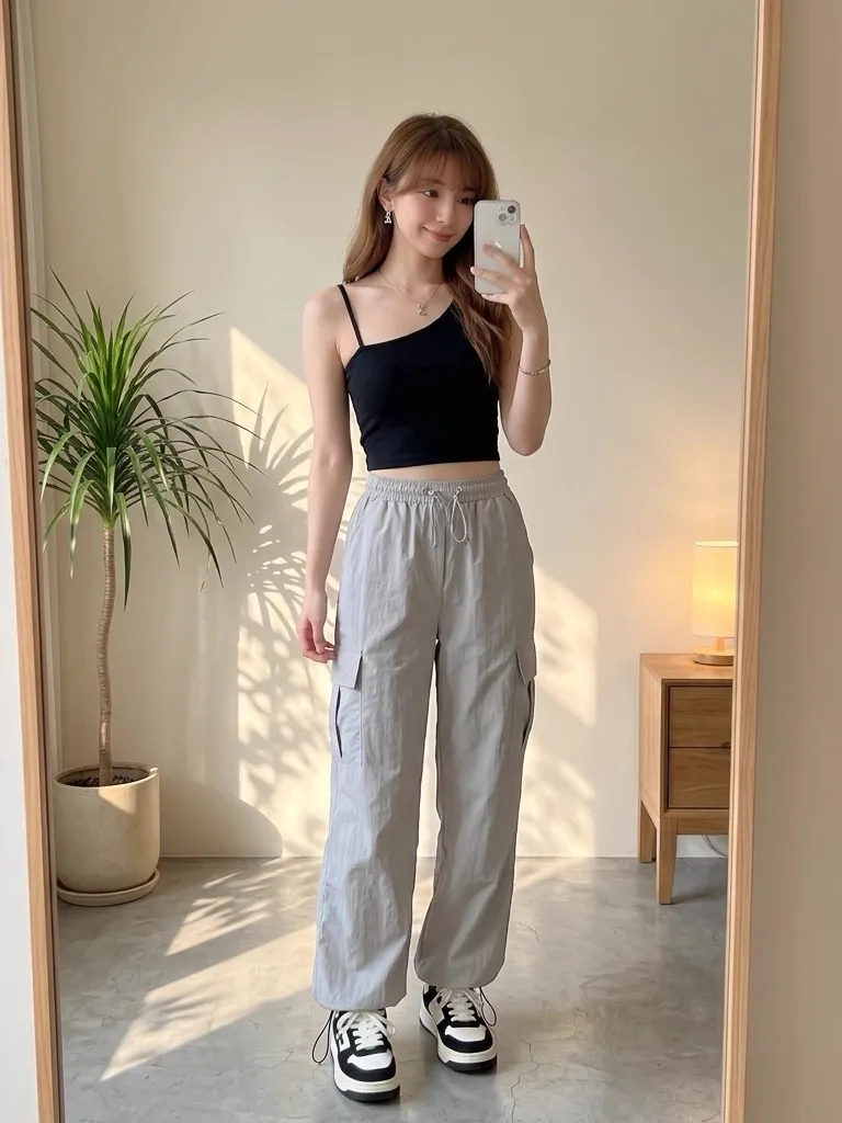 Asymmetric Crop Tank & Light Grey Cargo Pants