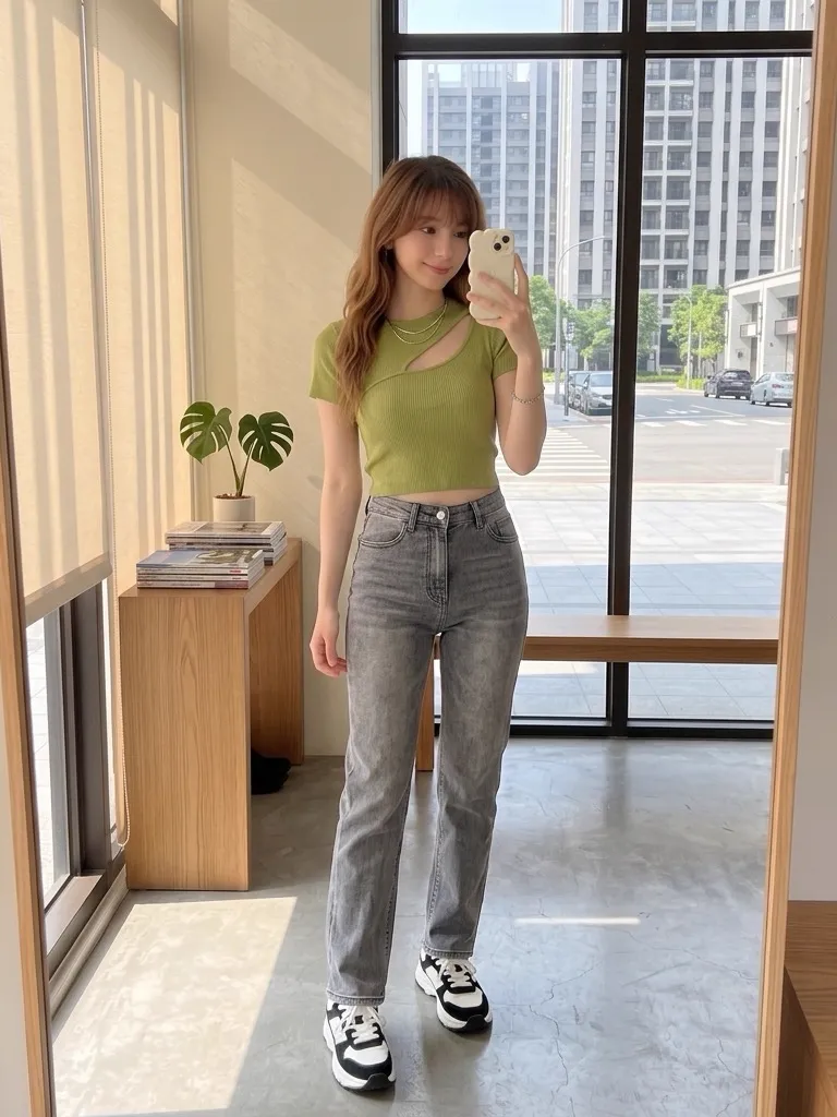 Avocado Green Cut-Out Knit Top & Washed Grey Denim