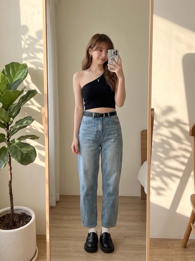 Black One-Shoulder Knit Crop & Washed Light Blue Denim