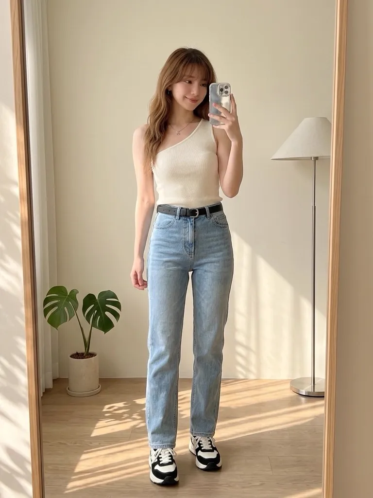 Off-White One-Shoulder Knit & Vintage Light Denim