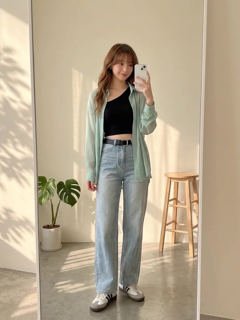 Sheer Mint Shirt & Light Wide-Leg Denim with German Army Trainers