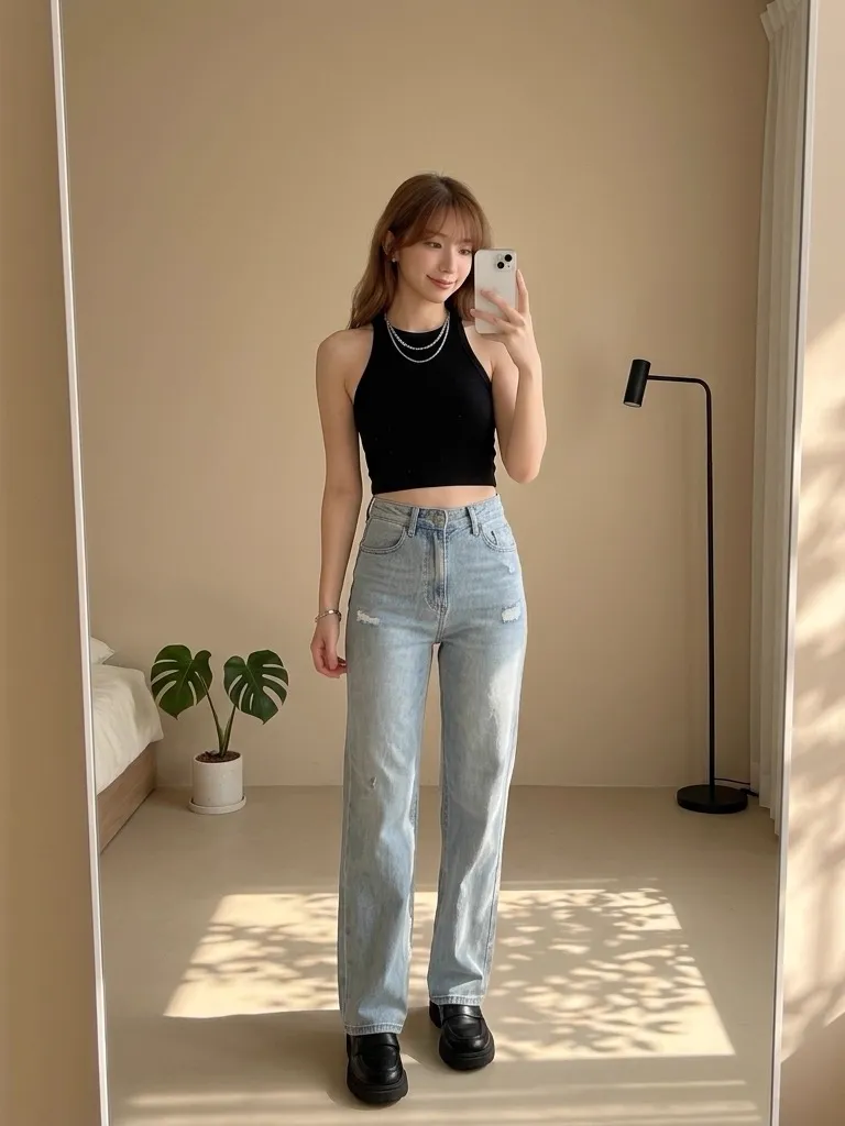 Halter-Neck Black Cropped Tank & Wide-Leg Denim with Chunky Loafers