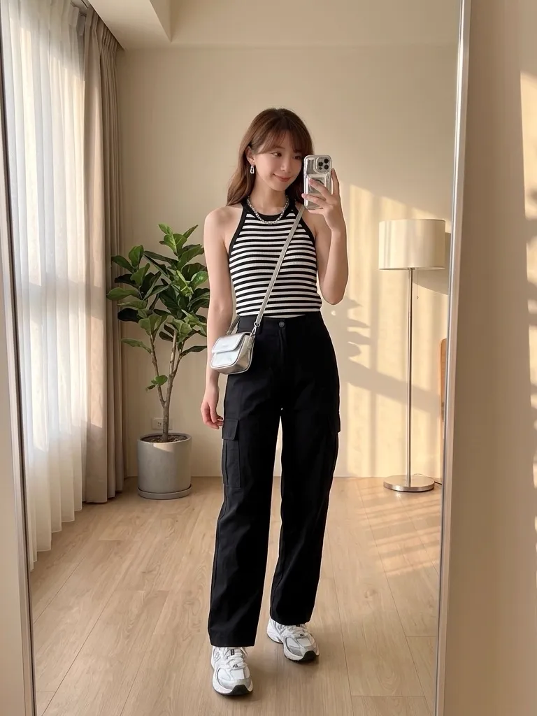 Striped Halter Tank & Black Cargo Pants with Chunky Sneakers