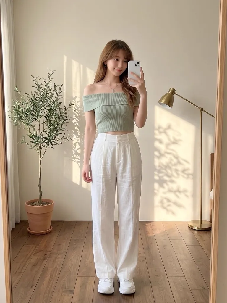 Sage Green Off-Shoulder Ribbed Crop Top & White Wide Linen Trousers