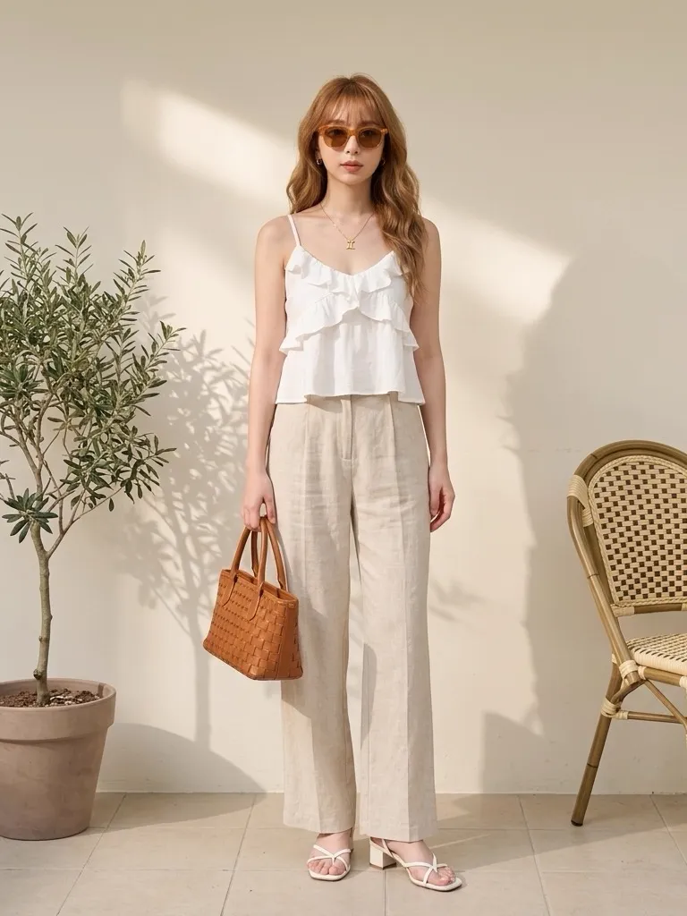French Ruffled Camisole & High-Waisted Beige Linen Wide-Leg Trousers