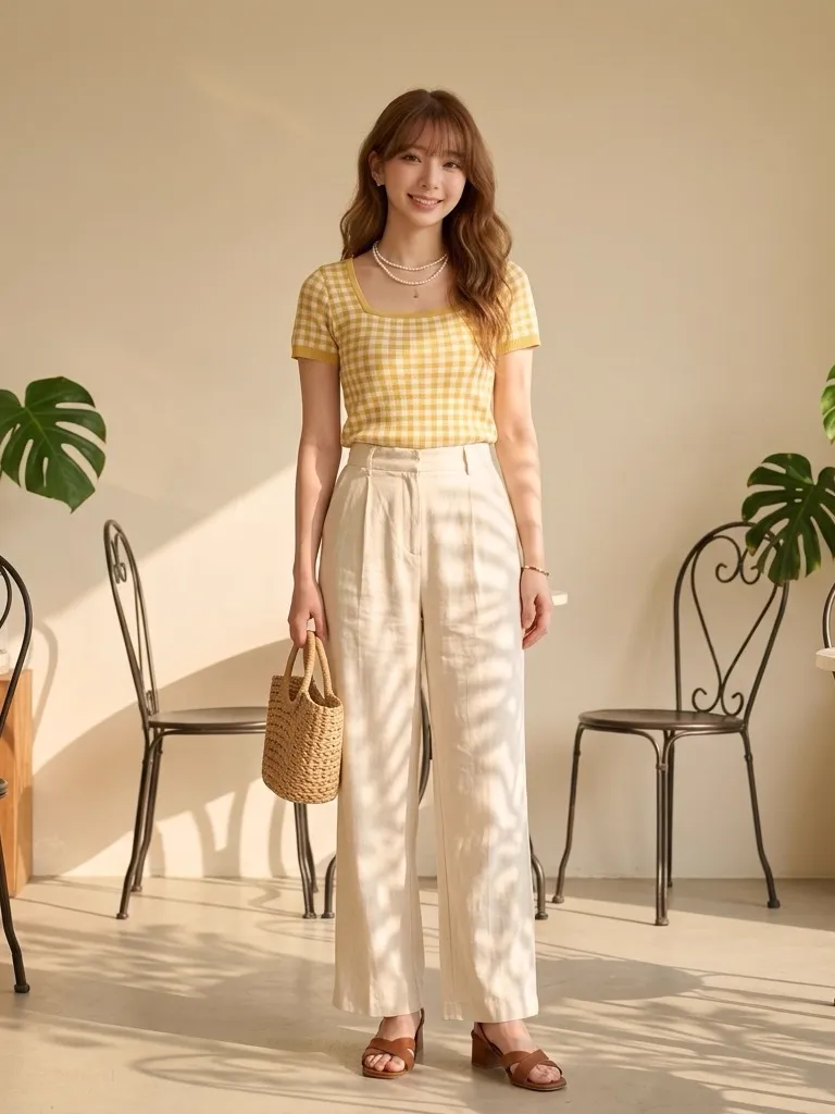 French Gingham Knit Top & Cream Linen Wide-Leg Trousers