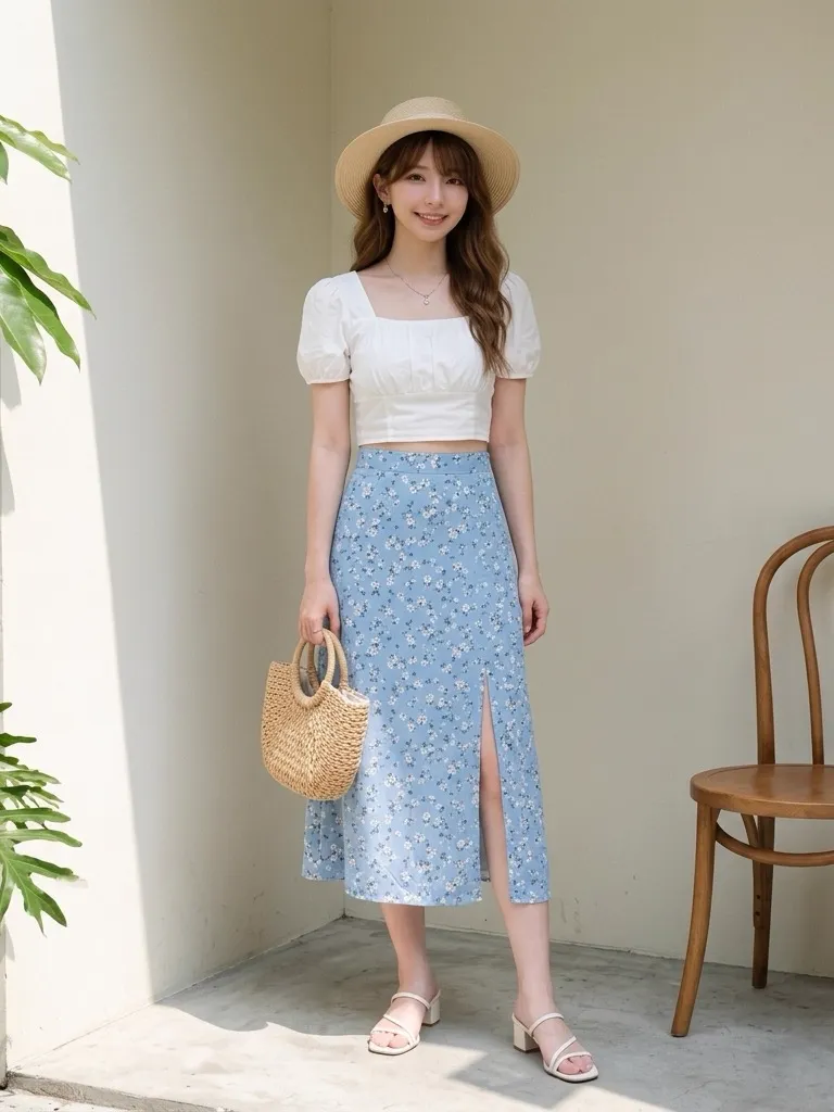 White Puff-Sleeve Top & Sky Blue French Floral Slit Skirt