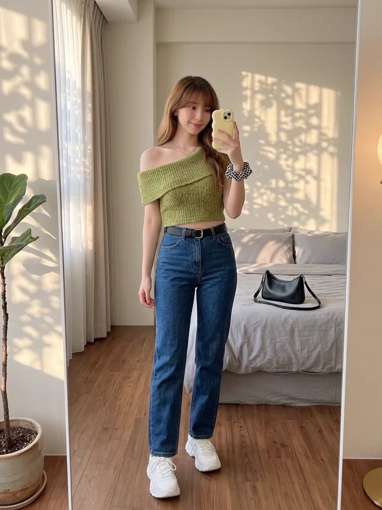 Avocado Green Off-Shoulder Knit & Vintage Dark Jeans: Playful Summer Afternoon