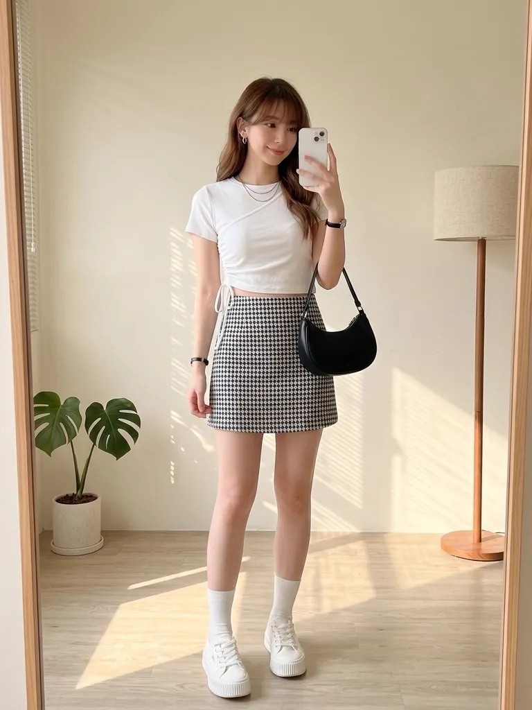 Cropped Drawstring Tee & Houndstooth Mini Skirt