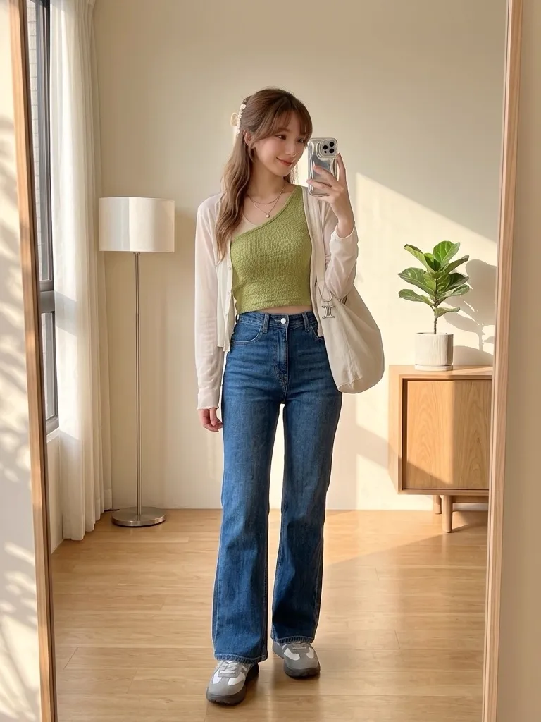 Avocado Green Knit Top & Dark Wash Flared Denim