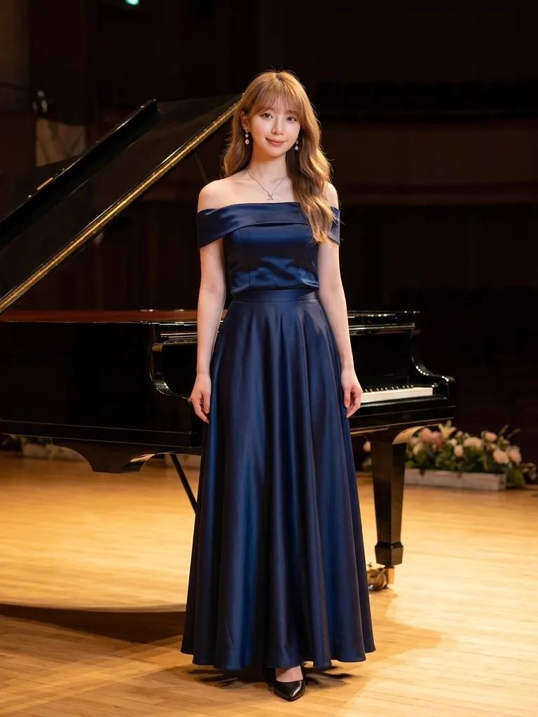Midnight Blue Off-Shoulder Satin Ensemble & Grand Piano