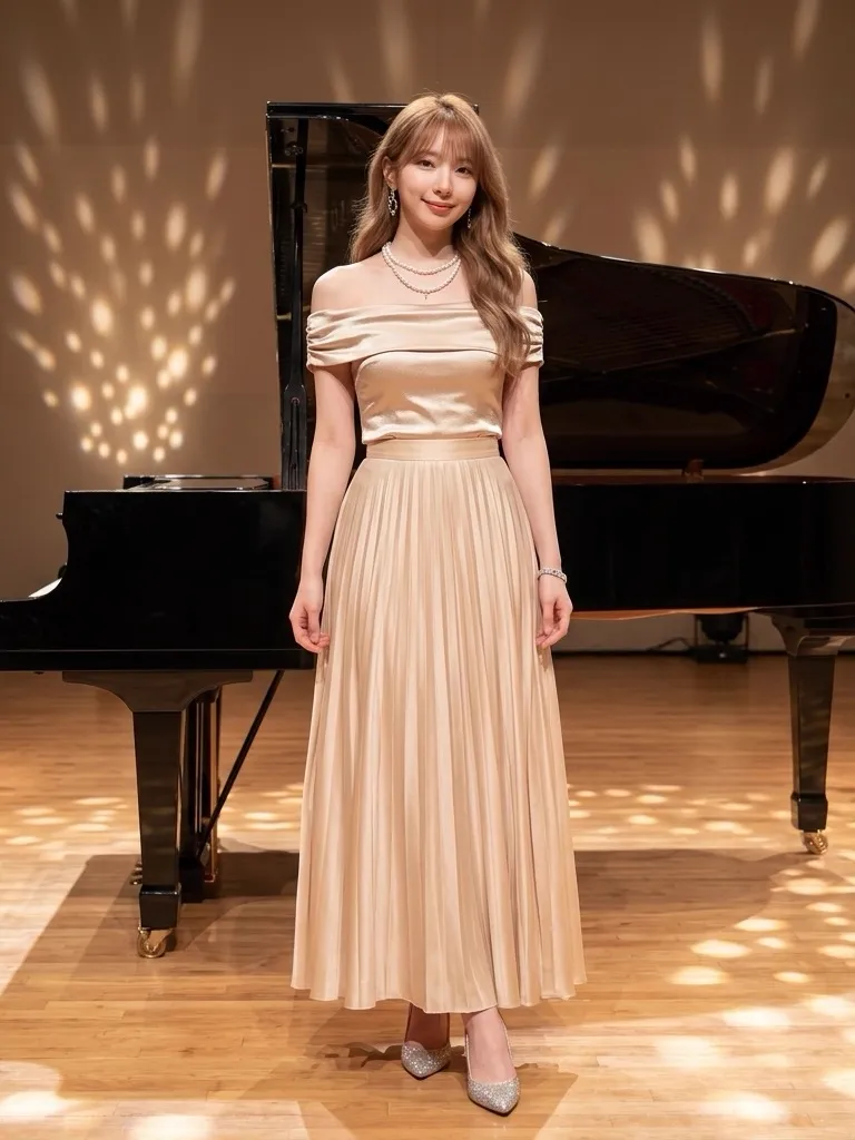 Champagne Gold Shimmer Satin Top & Pleated Maxi Skirt