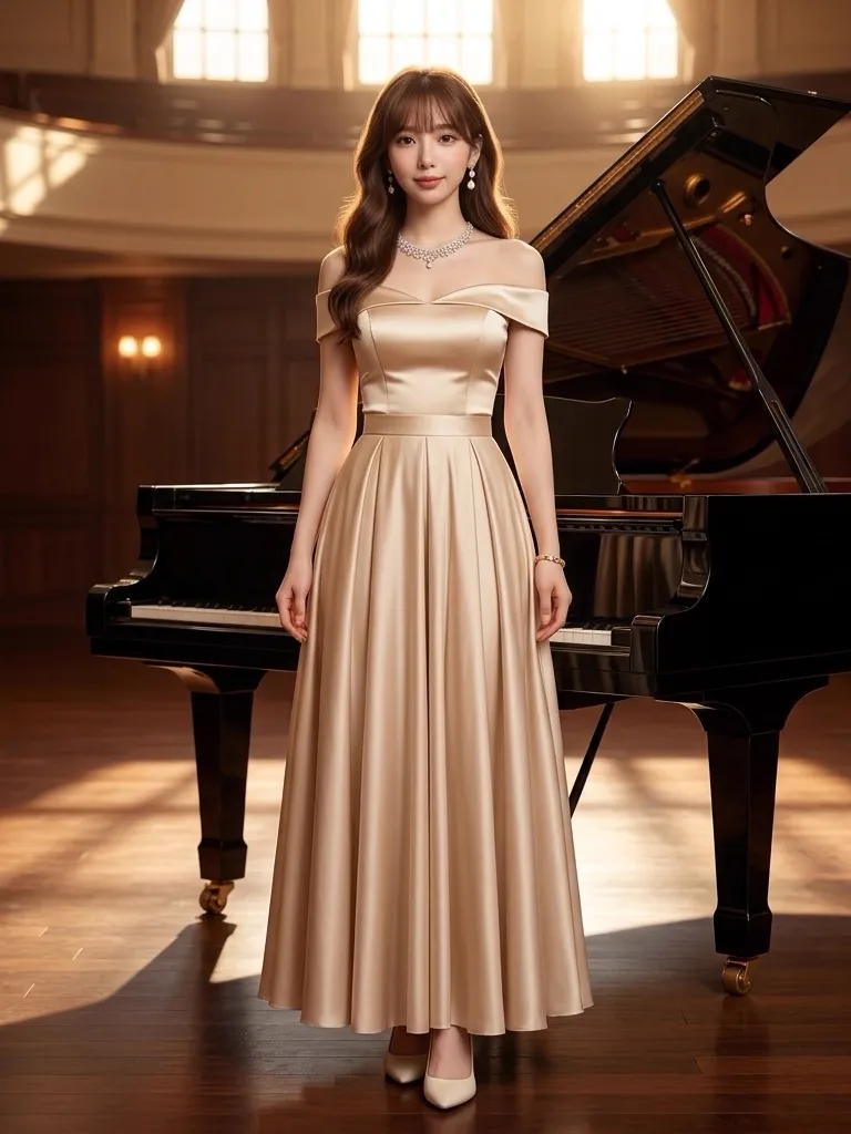 Champagne Satin Off-Shoulder Top & Pleated Maxi Skirt