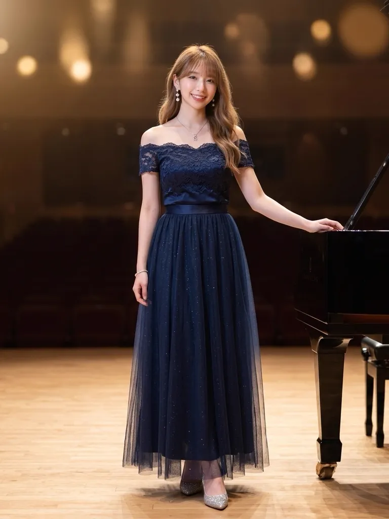Navy French Lace Off-Shoulder Top & Shimmering Tulle Maxi Skirt