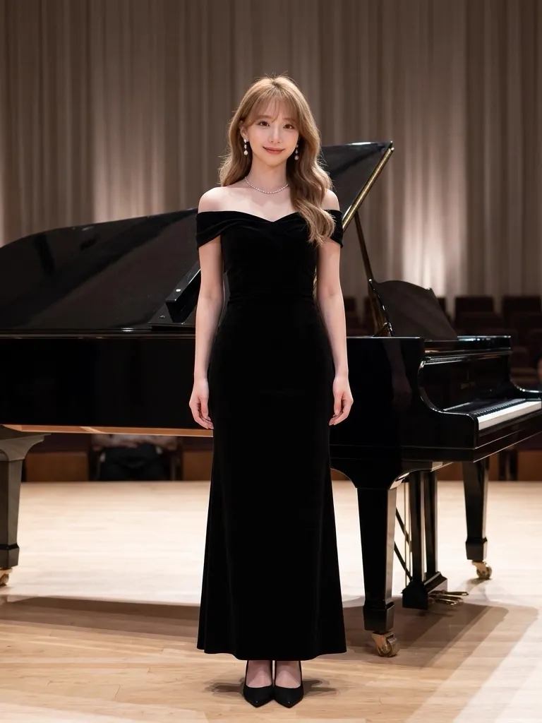 Off-Shoulder Black Velvet Evening Gown & Pearl Drops