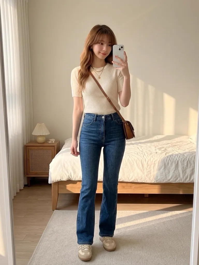 Cream Short-Sleeve Knit Top with Vintage Flare Denim Jeans