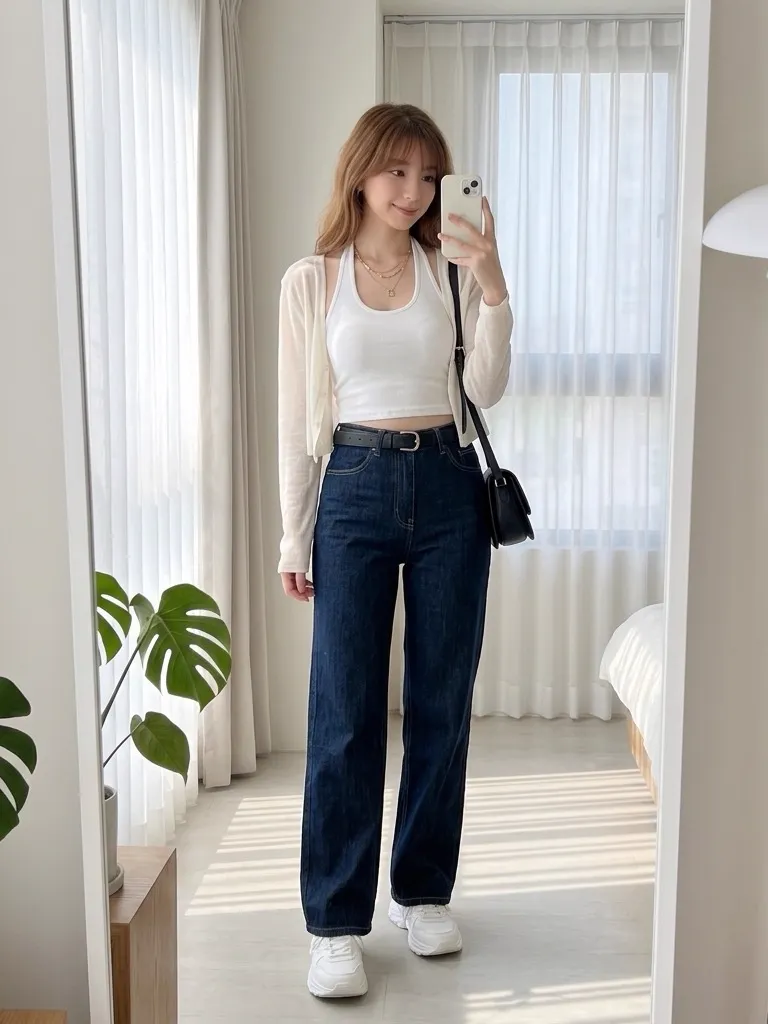 White Halter Cropped Top with Sheer Cardigan & Wide-Leg Jeans