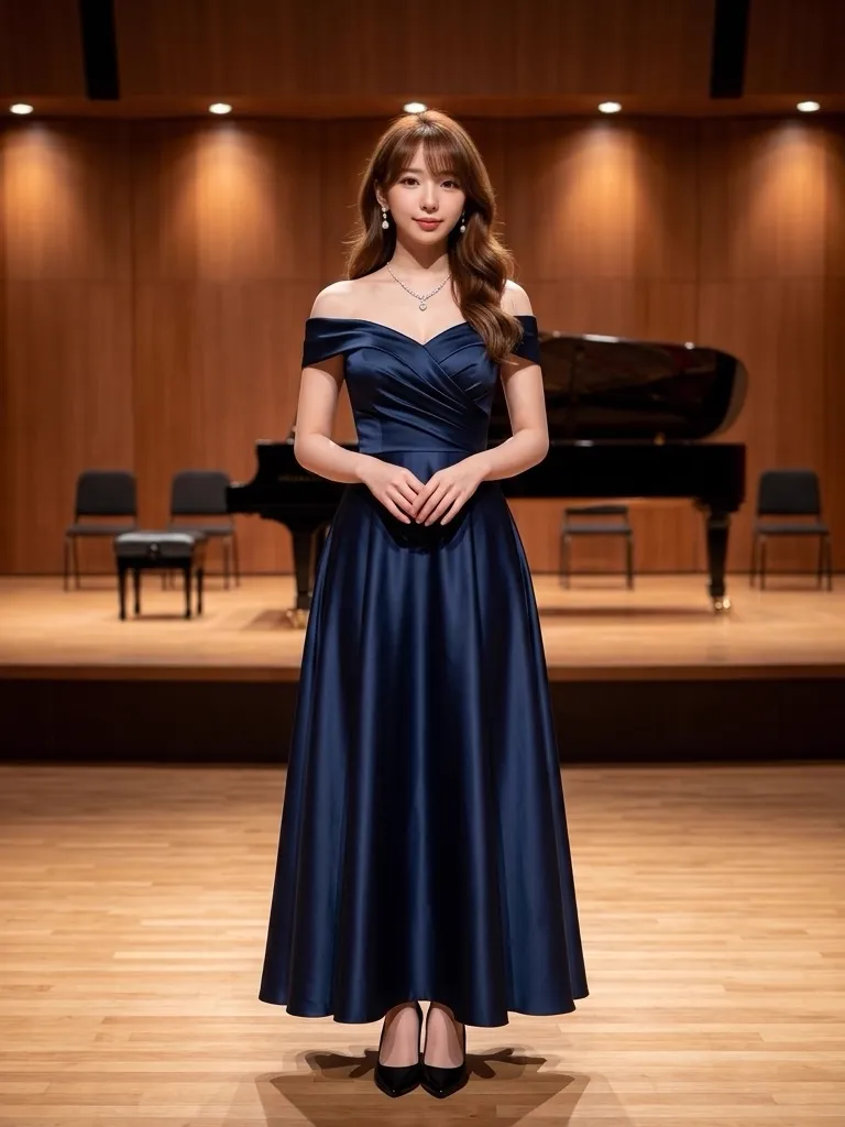 Midnight Navy Satin Recital Gown: Serene Stage Poise