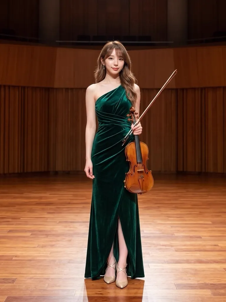 Emerald Velvet One-Shoulder Gown: Violinist Stage Poise