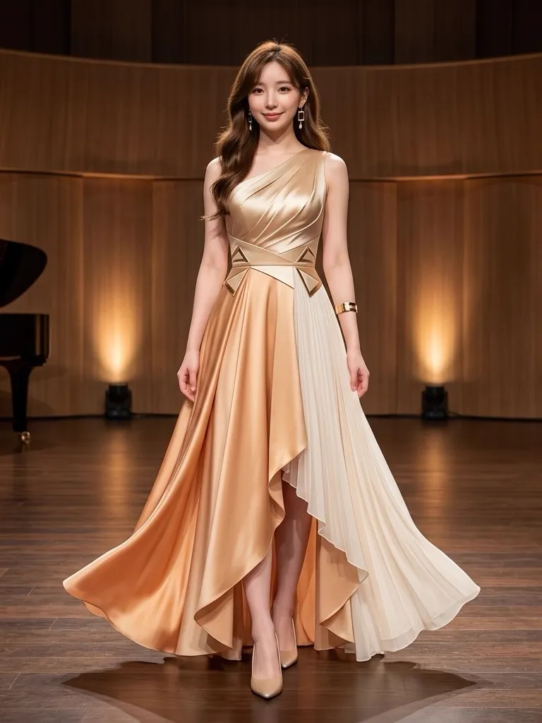 Champagne Gold Asymmetrical Gown: Modern Concert Hall Symphony