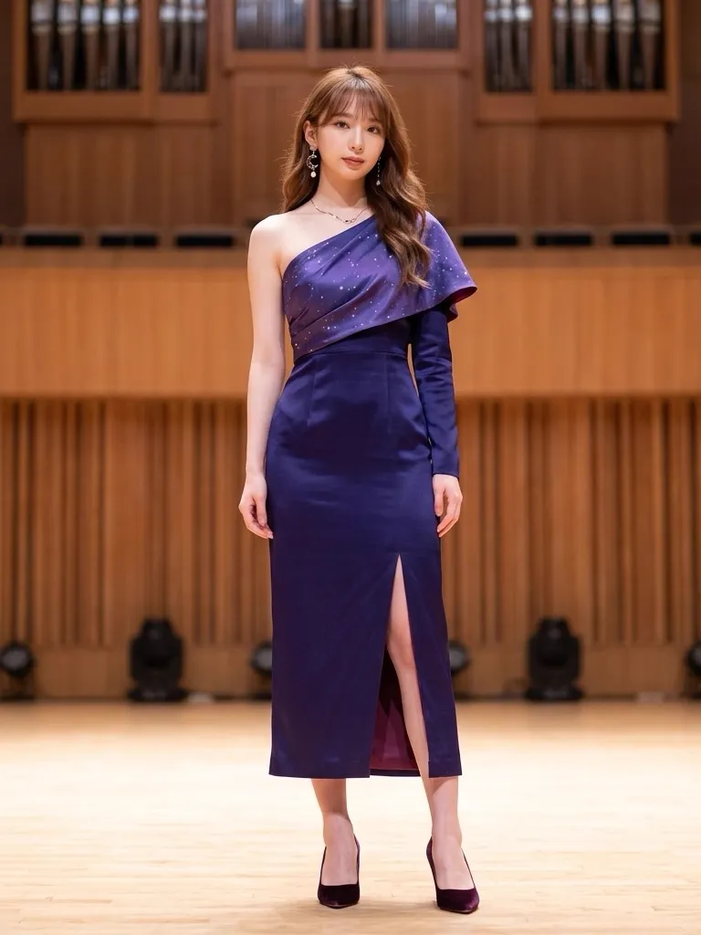 Starry Violet Asymmetric Silk Evening Gown for Concert Recital