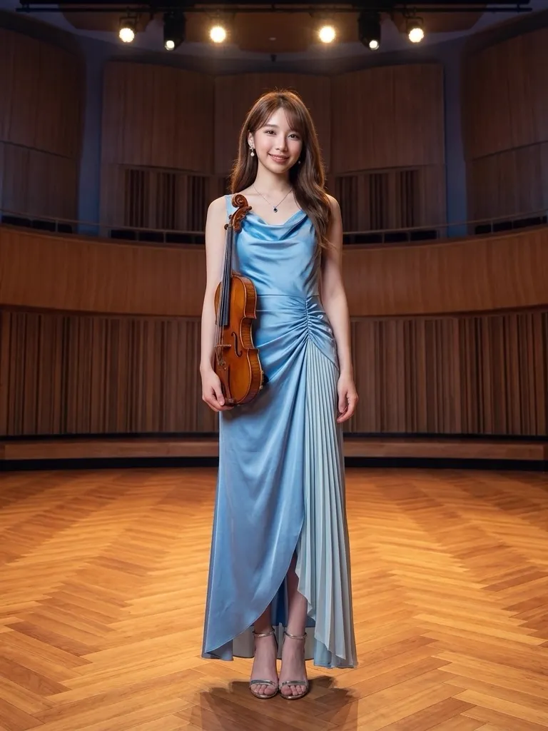 Azure & Mist Blue Silk Cowl-Neck Gown with Violin