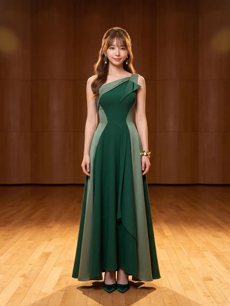 Sculptural Emerald Green Gown on the Concert Stage