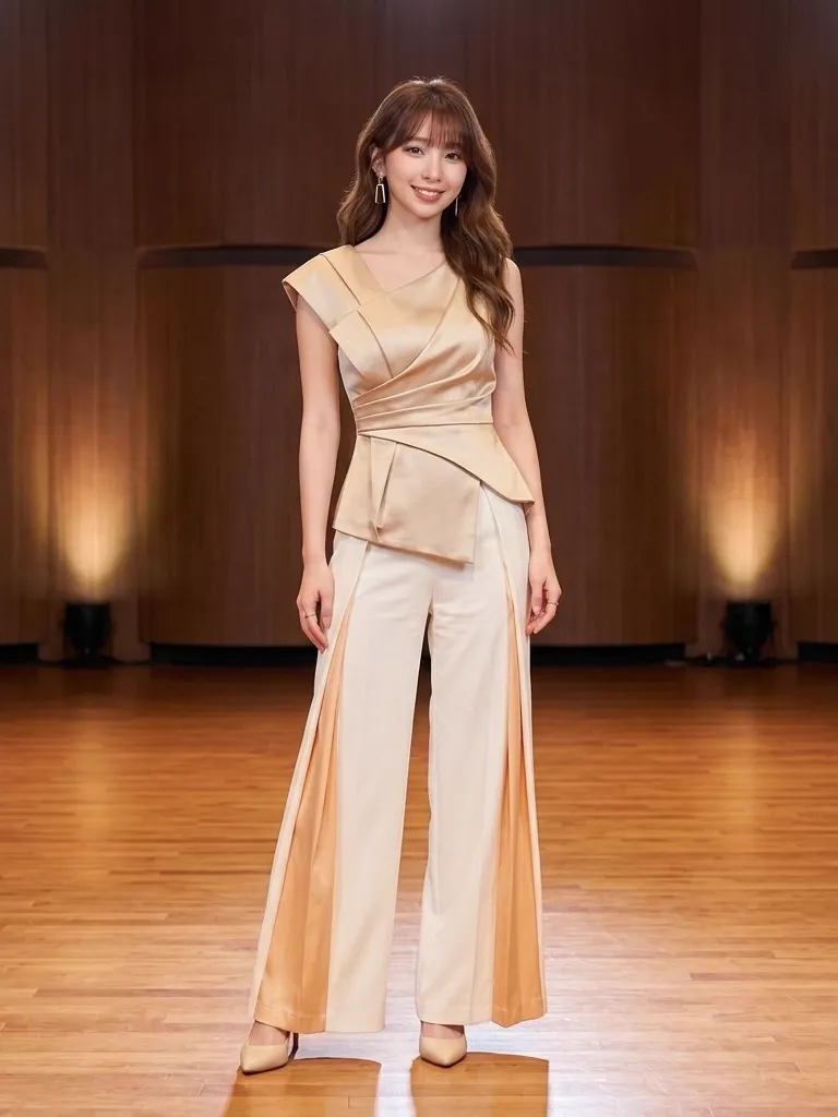 Champagne Gold Sculptural Bodice & Pearl Ivory Palazzo Trousers