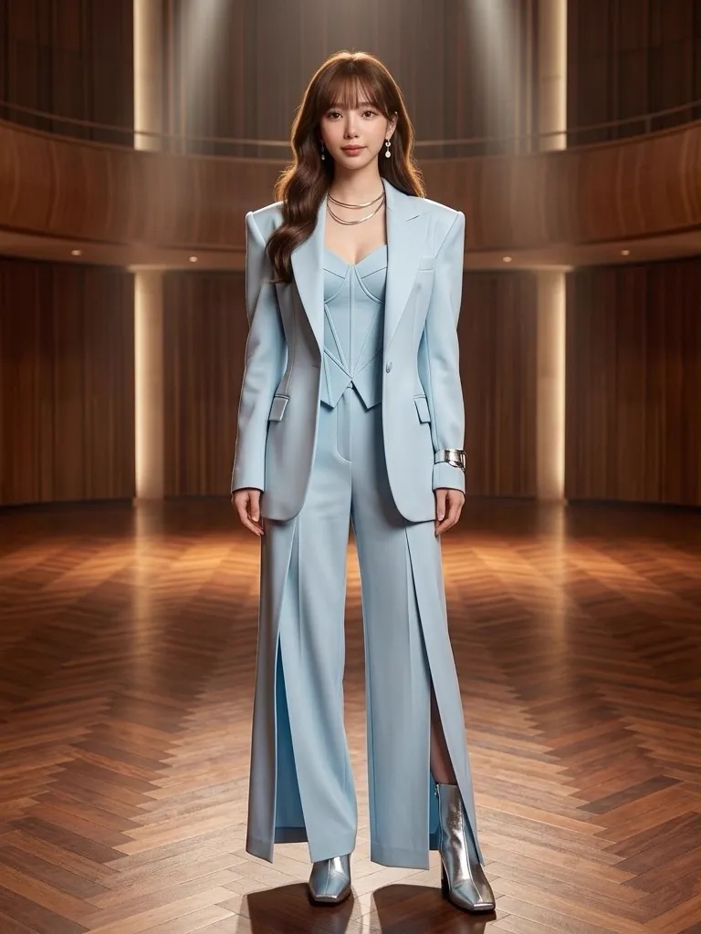 Neo-Classical Sculptural Azure Stage Pantsuit